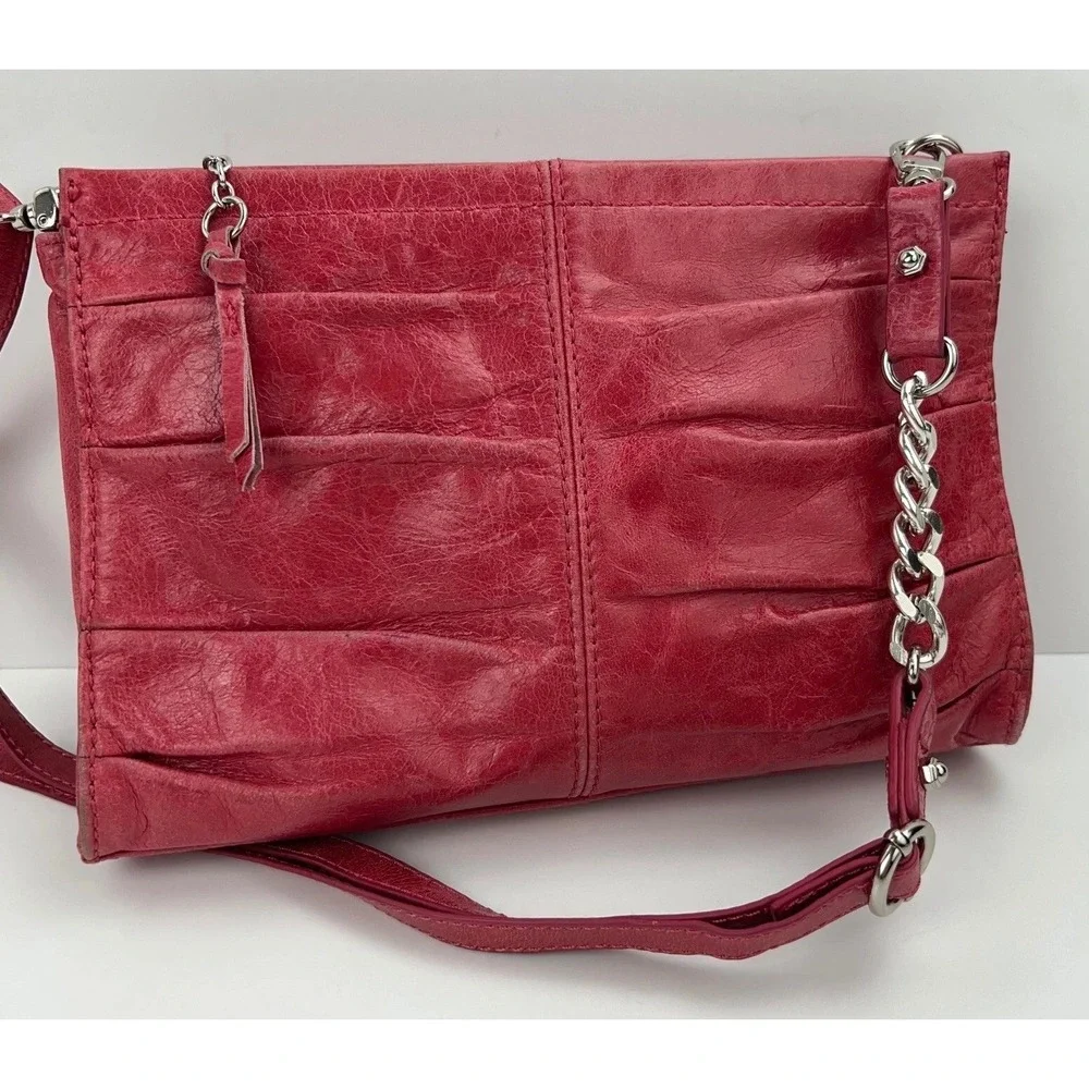 THE SAK Charleston Leather Demi Shoulder Clutch Pink Pleated Chain Handbag Purse